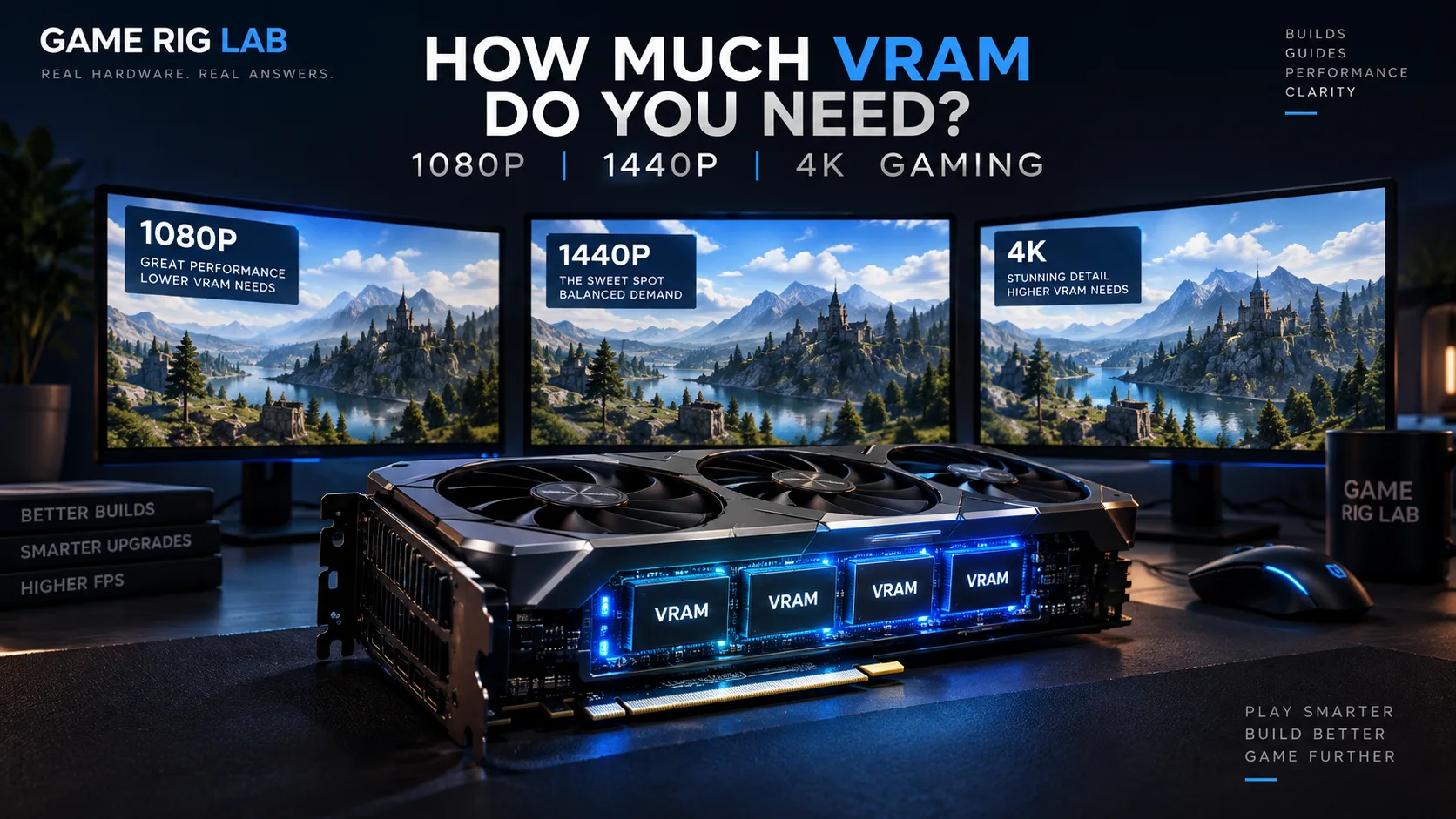 Graphics card and VRAM illustration comparing 1080p, 1440p, and 4K gaming resolutions.